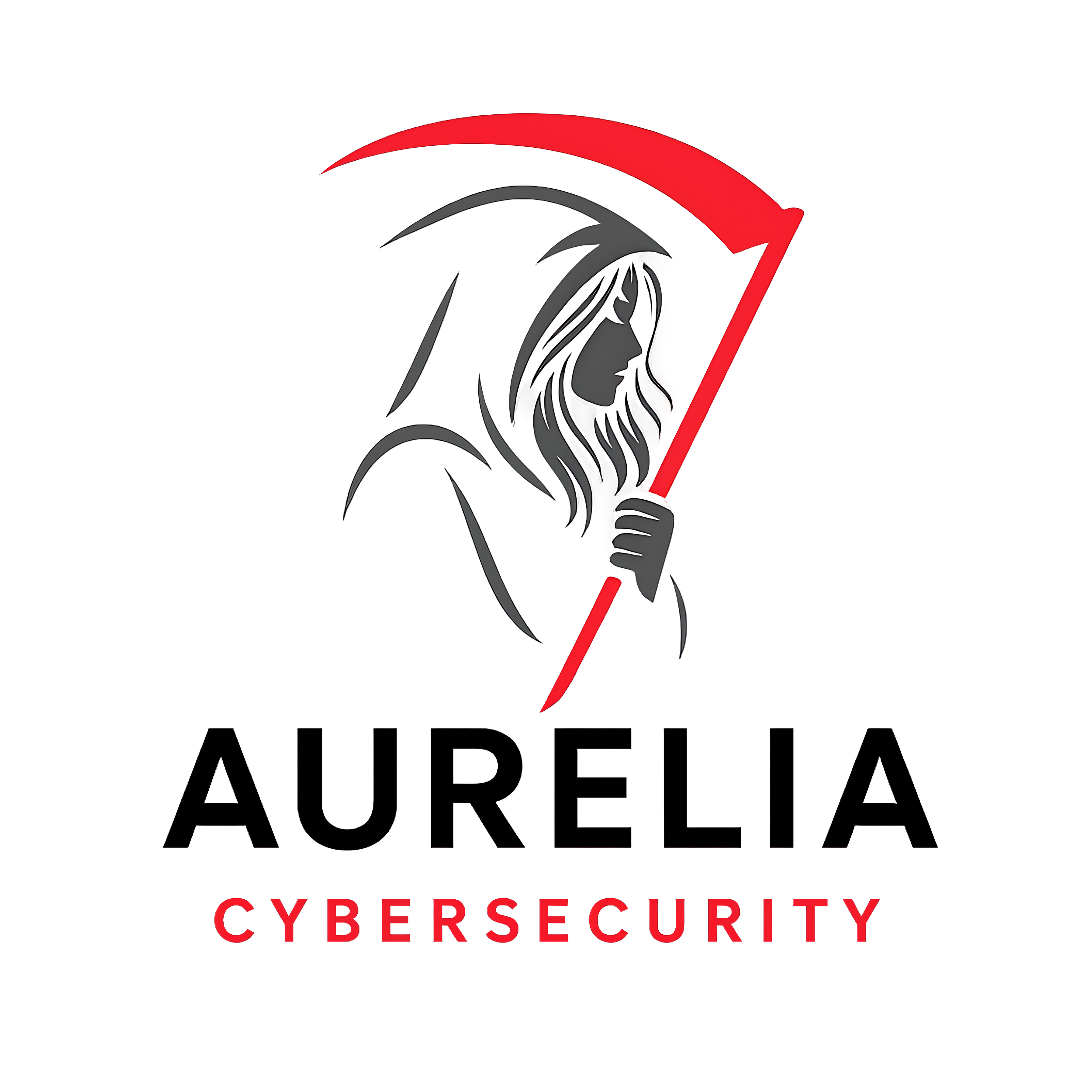 A stylized illustration of a woman with long hair holding a red umbrella, with the words "AURELIA CYBERSECURITY" below.