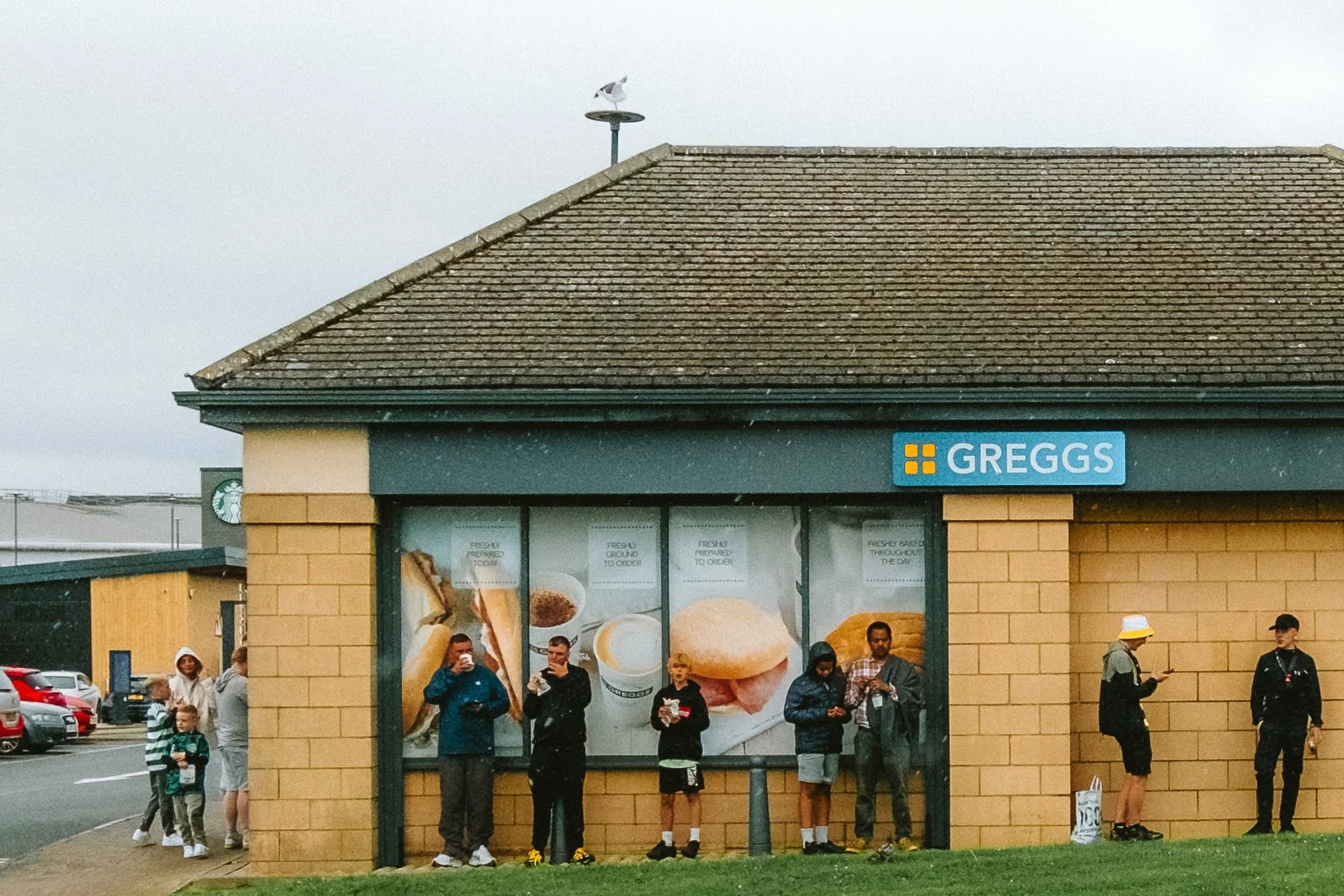 People waiting in line outside a Greggs bakery in a shopping center parking lot, with a seagull perched on top of the building's roof.