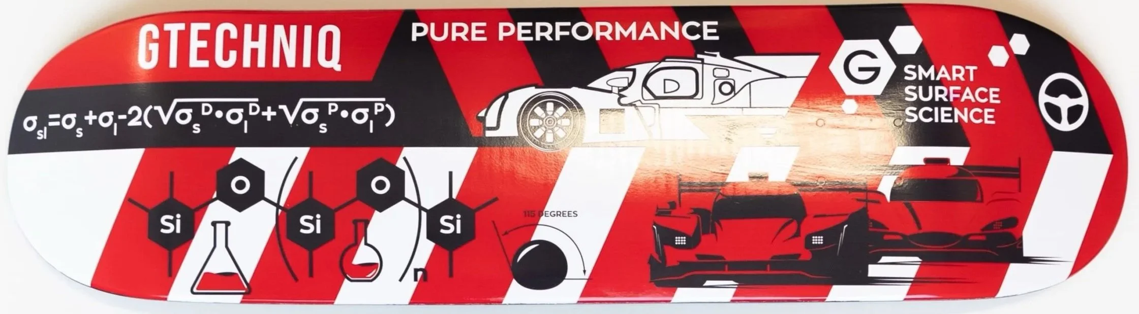 The image features a racing car and various scientific and mathematical diagrams on a red and black background. It includes the text 'GTECHIQ', 'Pure Performance', and 'Smart Surface Science', along with chemical structures, equations, and graphics related to racing technology.