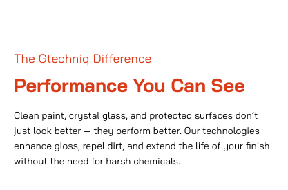 Text-based advertisement for Gtechniq showcasing performance benefits of their coating technology.