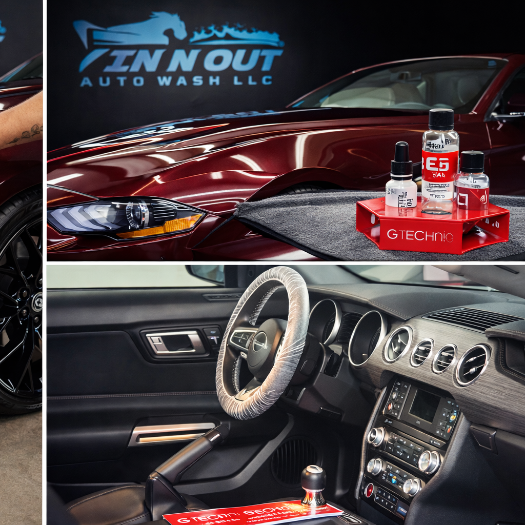 Collage of a red sports car getting detailed at In N Out Auto Wash and the interior of a car with a focus on the dashboard and steering wheel.