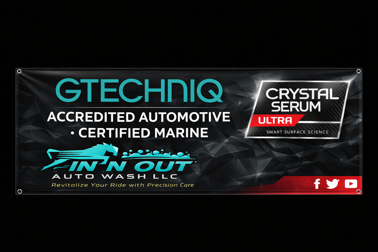 Black banner advertising GTECHNIQ crystal serum ultra with blue and white text, featuring a stylized blue wave with bubbles and the In-N-Out Auto Wash LLC logo, and social media icons for Facebook, Twitter, and YouTube.