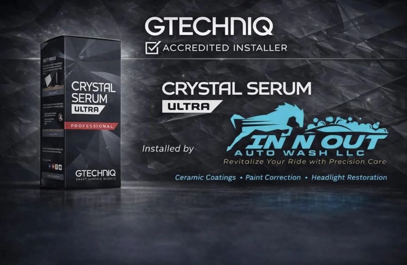 Promotion for GTECHNIQ Crystal Serum Ultra, an automotive ceramic coating product, installed by In N Out Auto Wash LLC, with services including paint correction and headlight restoration, on a textured dark background.