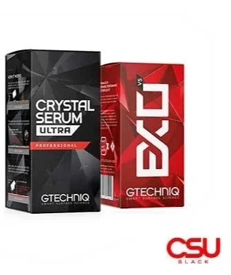 Two boxes of GtechnIQ products, one black labeled 'Crystal Serum Ultra' and one red labeled 'X-PCT'