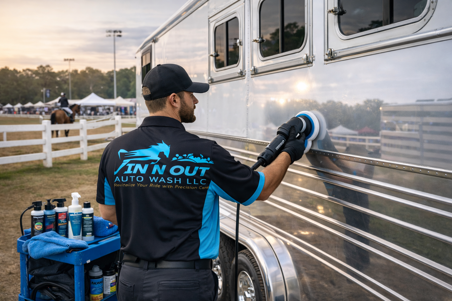 A man wearing a black and blue shirt with 'In N Out Auto Wash LLC' logo is using a power buffer to polish a silver trailer during an outdoor event. There are cleaning supplies on a nearby cart, and tents with people and horses can be seen in the background.