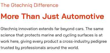 Text poster with the headline 'More Than Just Automotive' in red, and a subheading about Gtechniq innovation extending beyond cars, with additional descriptive text.