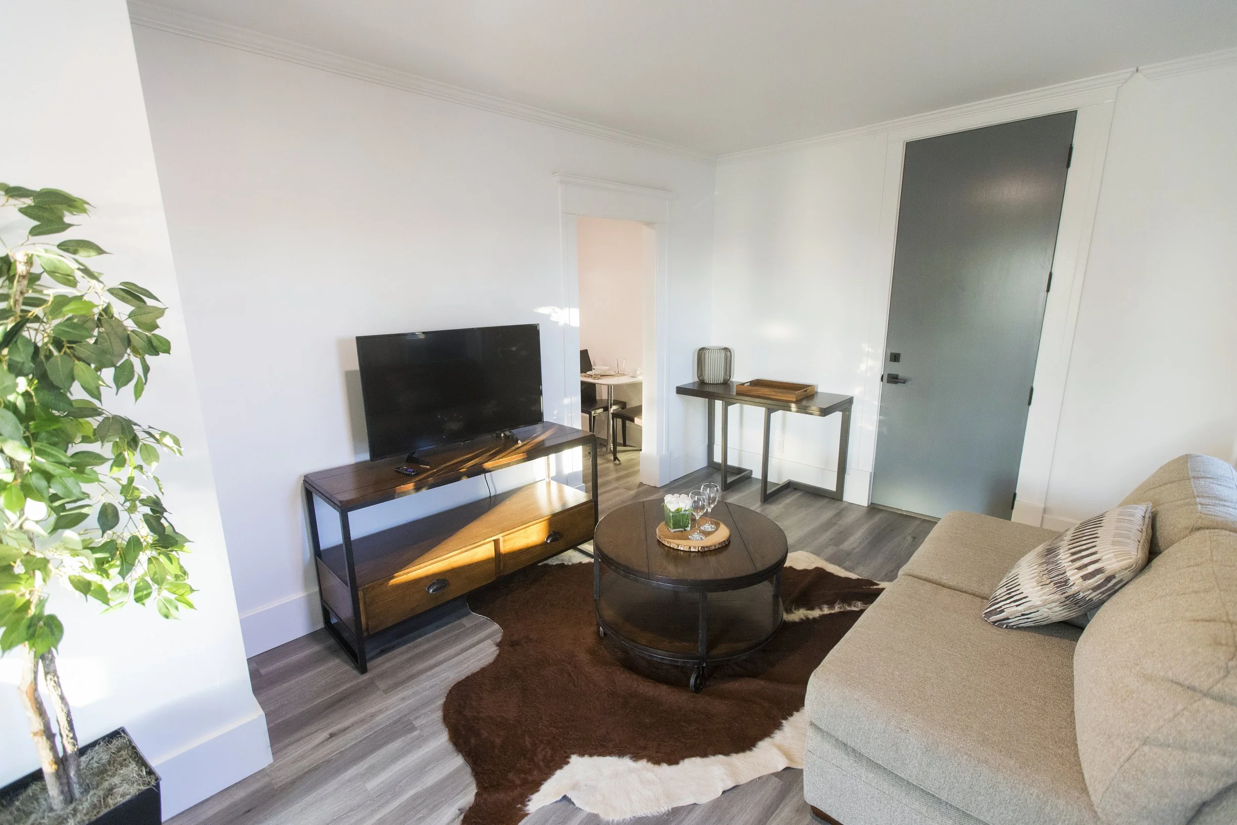Living room with a beige sofa, a round wooden coffee table with drinks, a brown and white rug, a flat-screen TV on a wooden stand, a small side table near the door with decorative items, and a large leafy plant in the corner.