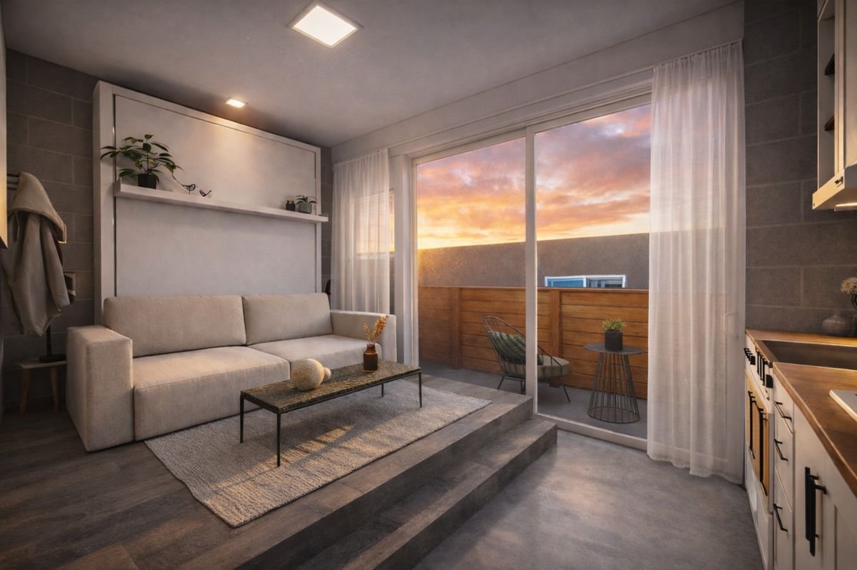 Floor plan of a small apartment with a bedroom, bathroom, kitchen, and balcony with two chairs and a small table.