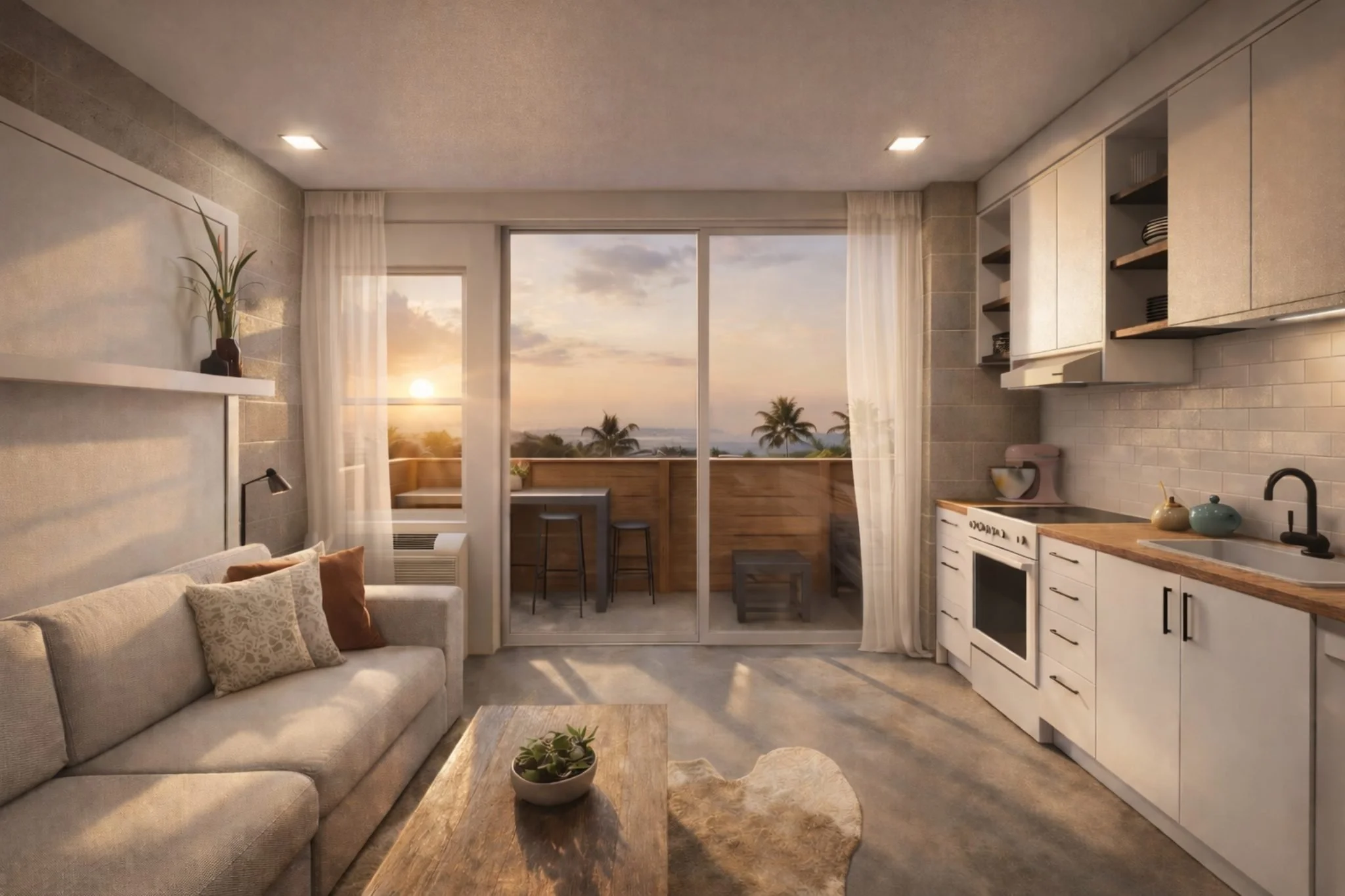 Floor plan of a small apartment with a bedroom, bathroom, kitchen, and balcony with two chairs and a small table.