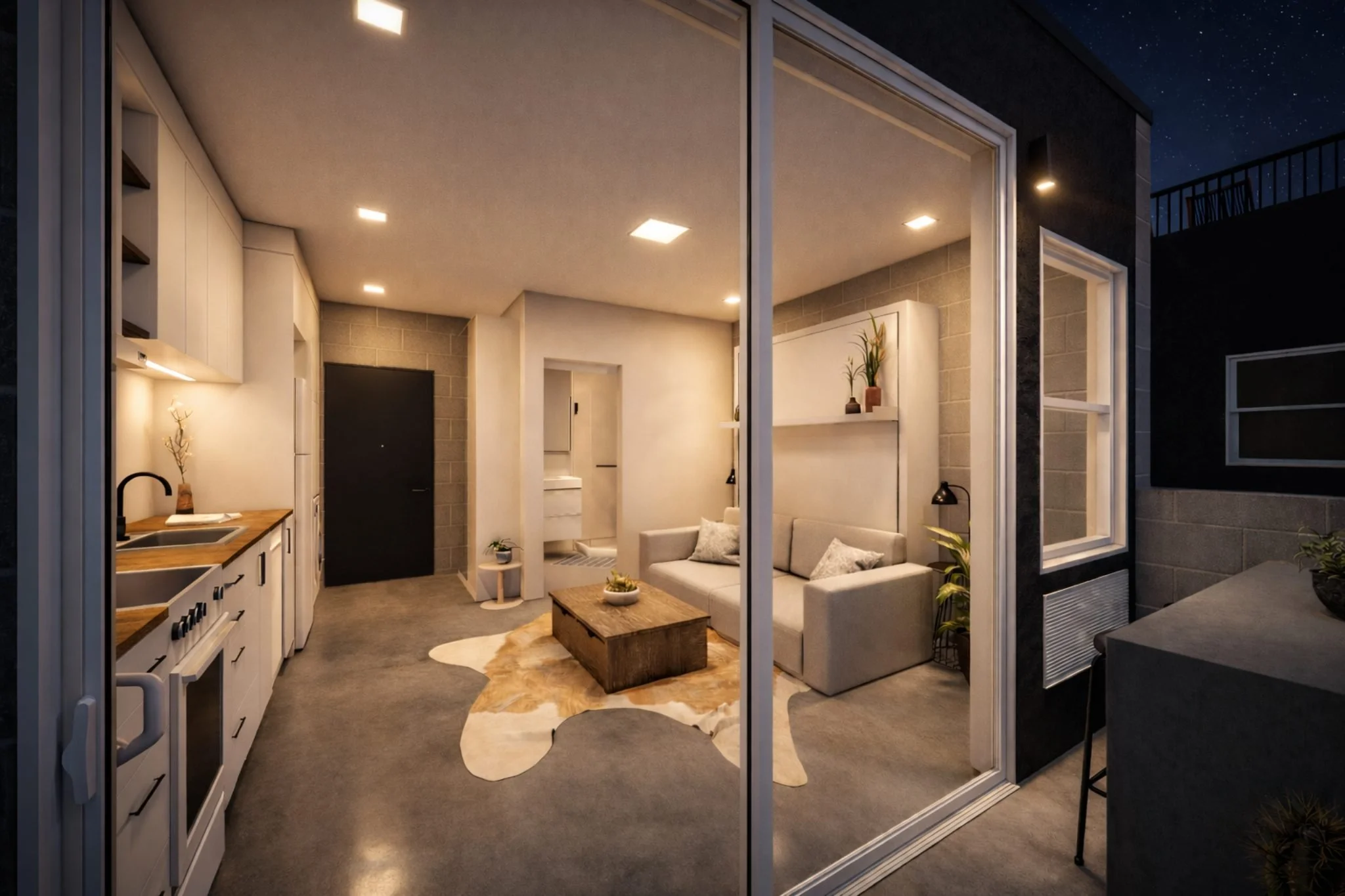 Modern white bathroom with bathtub, toilet, washing machine, sink, and mirror.
