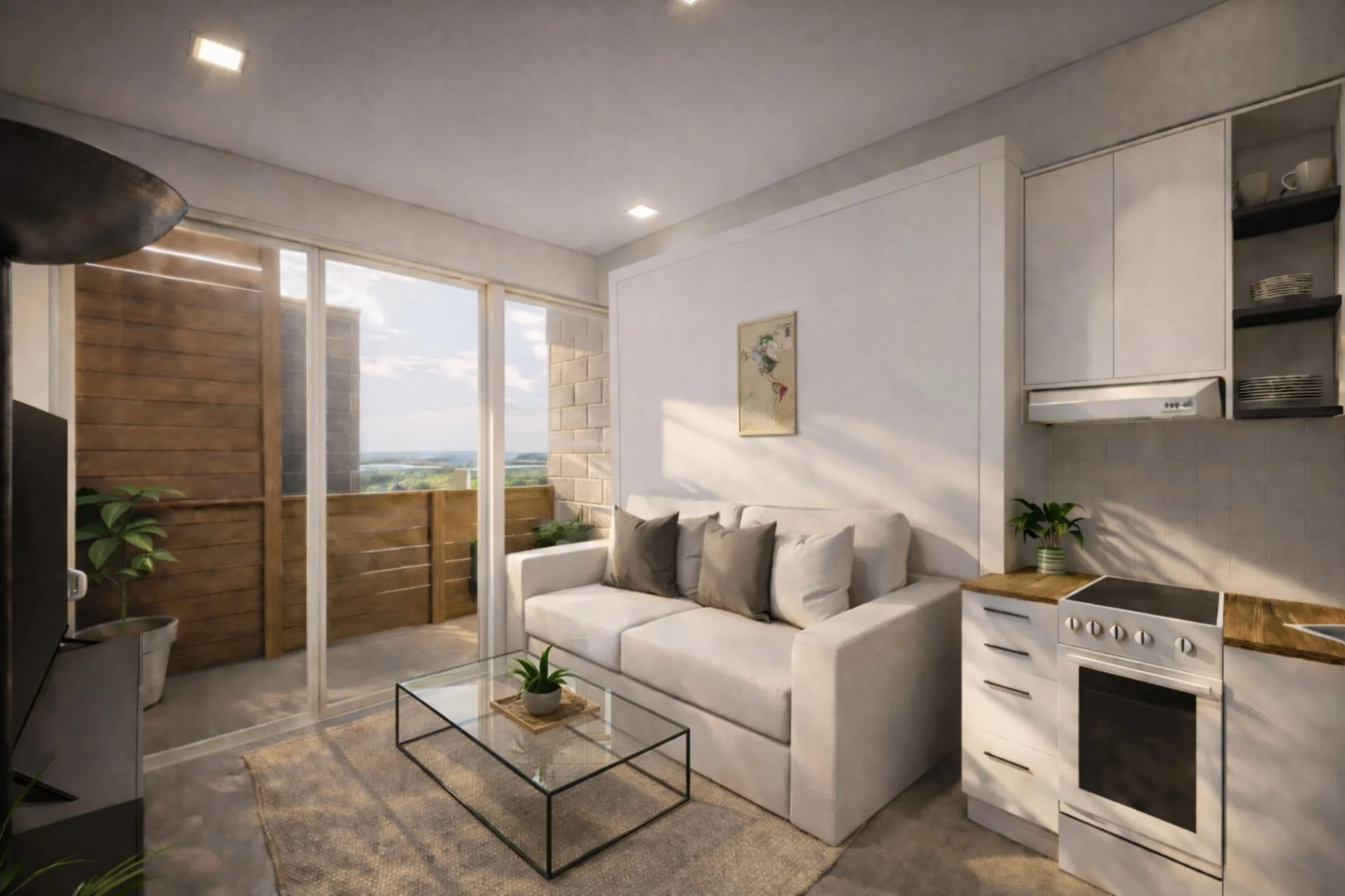 Floor plan of a small apartment with a bedroom, bathroom, kitchen, and balcony with two chairs and a small table.