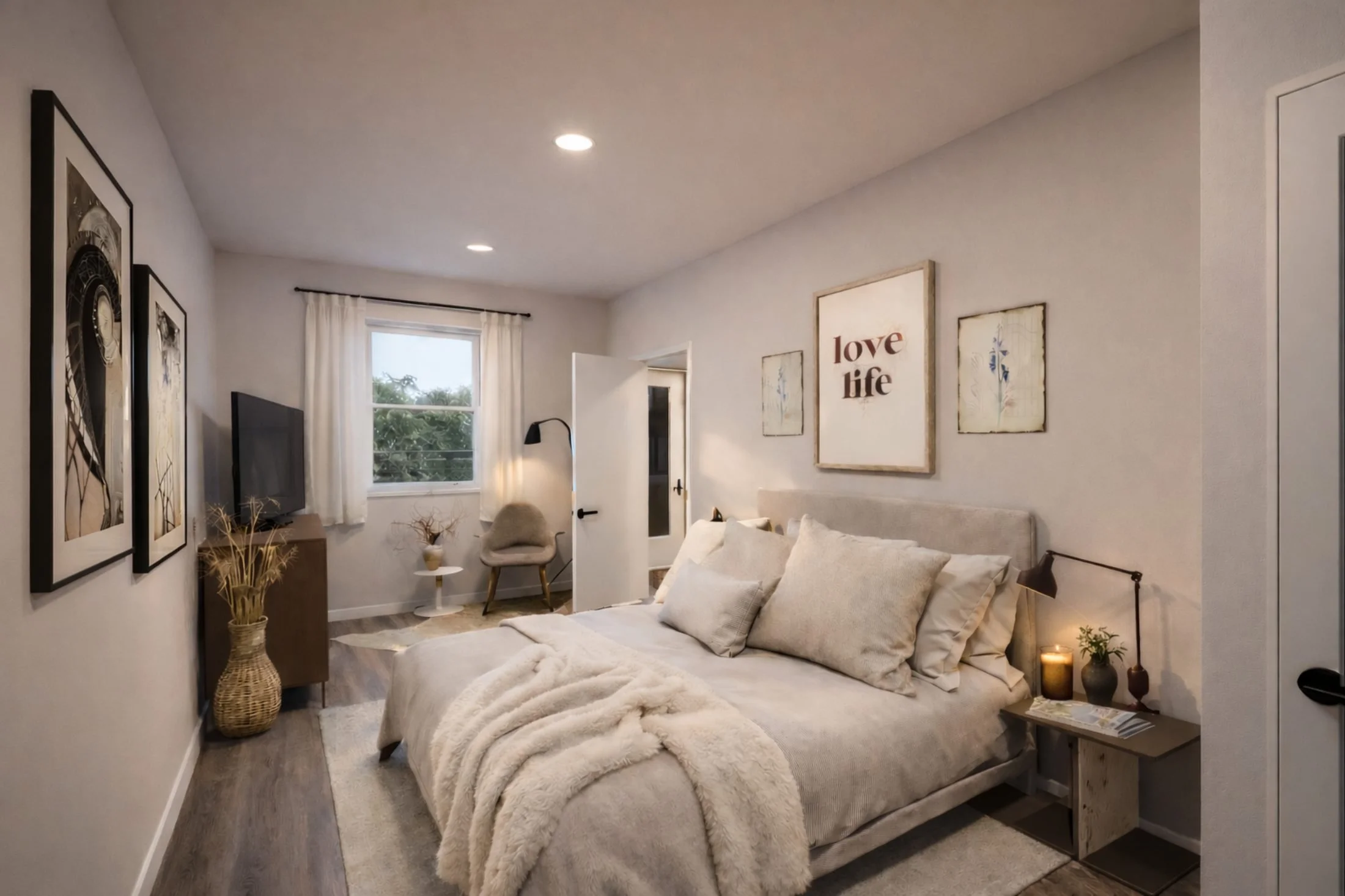 Floor plan of a small apartment including a living room, kitchen area, bedroom, and bathroom with shower.