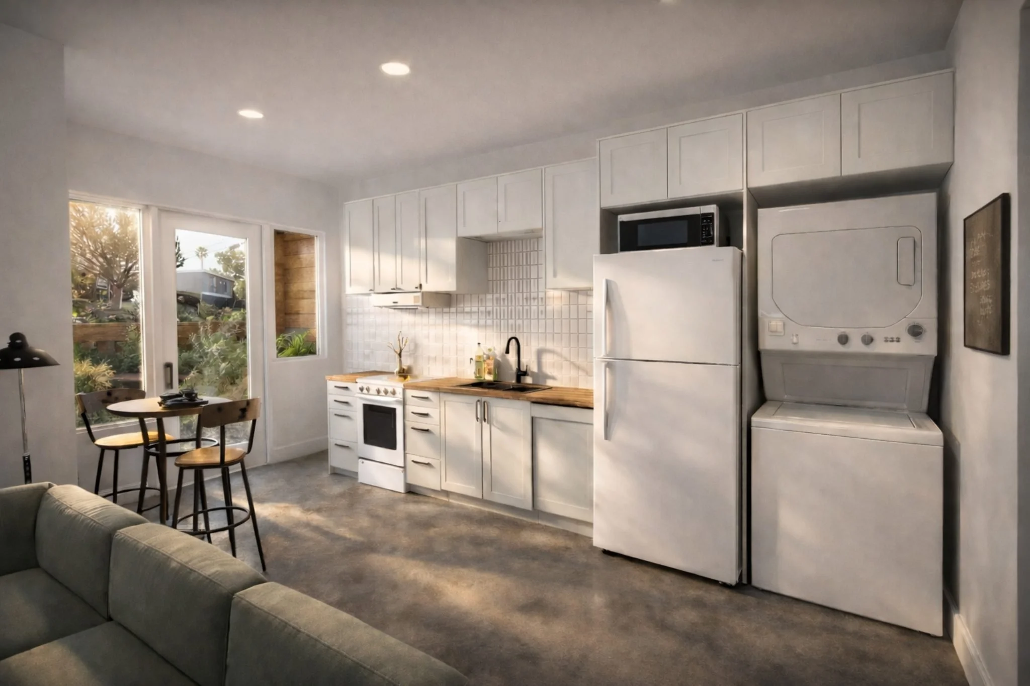 Floor plan of a small apartment with a living area, kitchen, bathroom, and bedroom with a balcony.