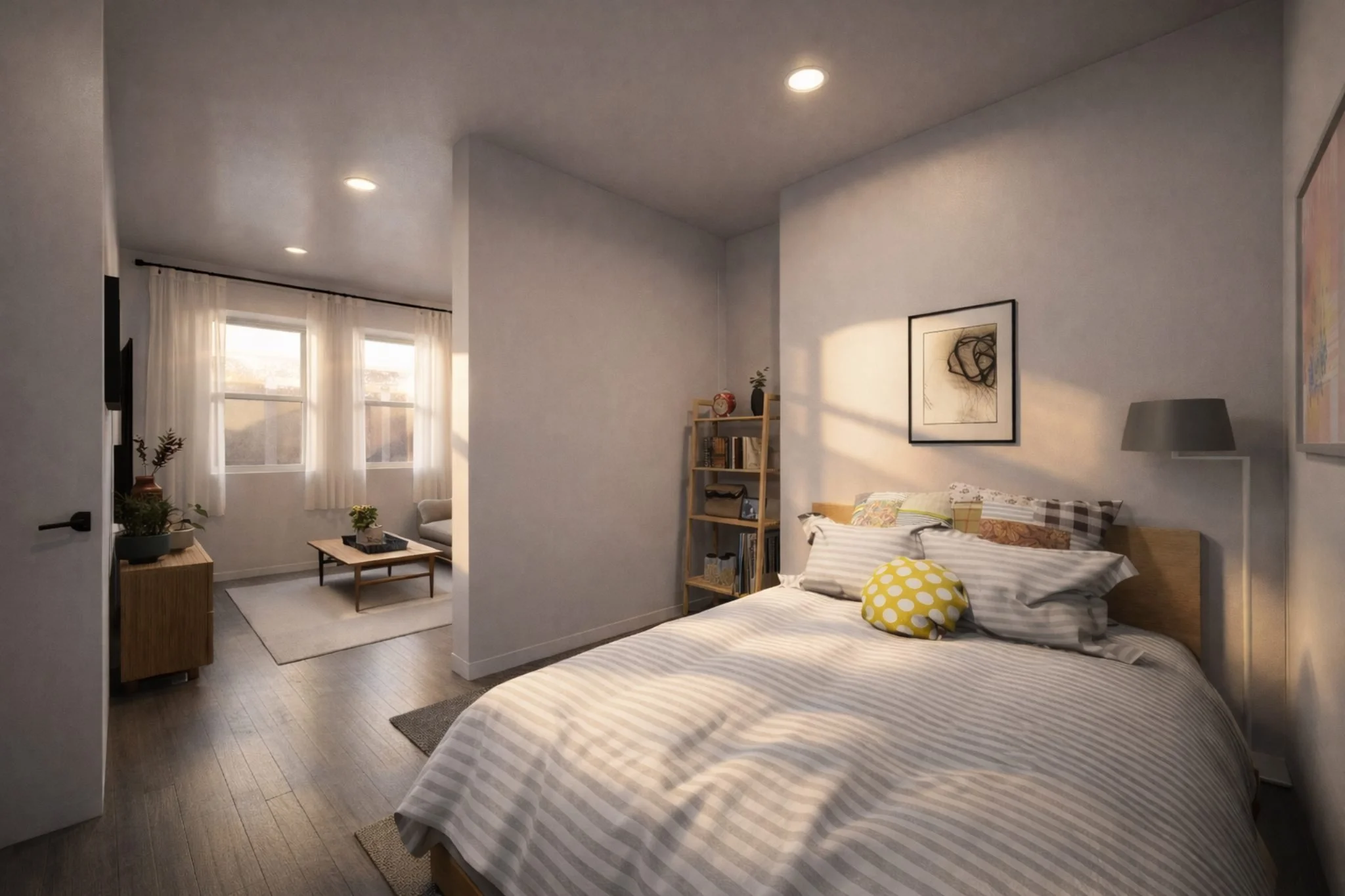 Floor plan of a small apartment including a living room, kitchen area, bedroom, and bathroom with shower.