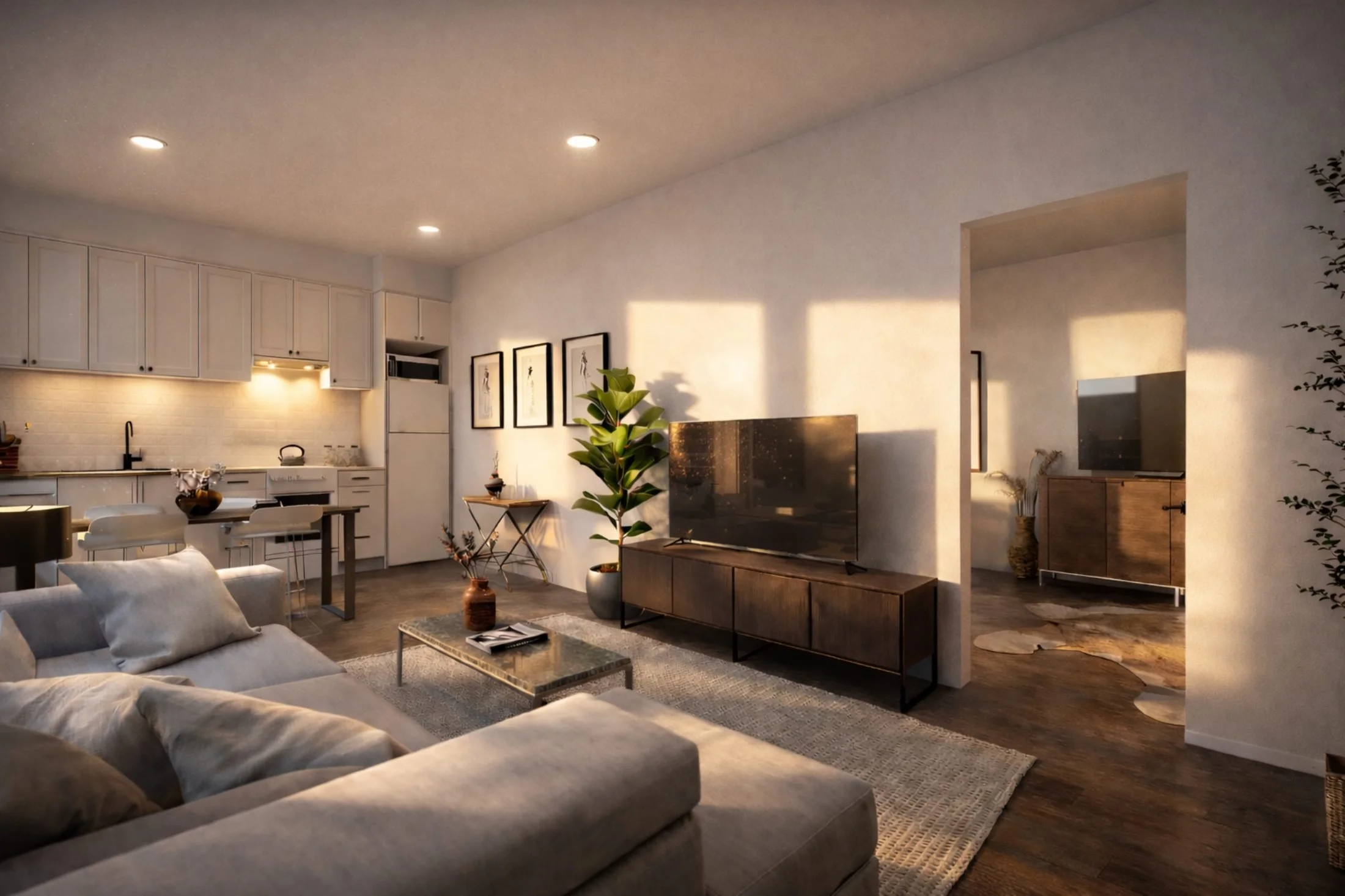 Living room with a beige sofa, a round wooden coffee table with drinks, a brown and white rug, a flat-screen TV on a wooden stand, a small side table near the door with decorative items, and a large leafy plant in the corner.