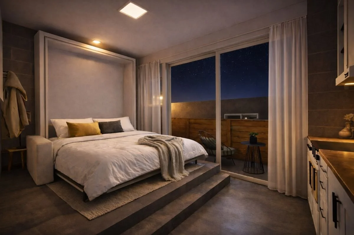 Living room with beige sofa, coffee table, sliding glass door leading to balcony with chairs and plant, modern decor, wood floors, and kitchen counter