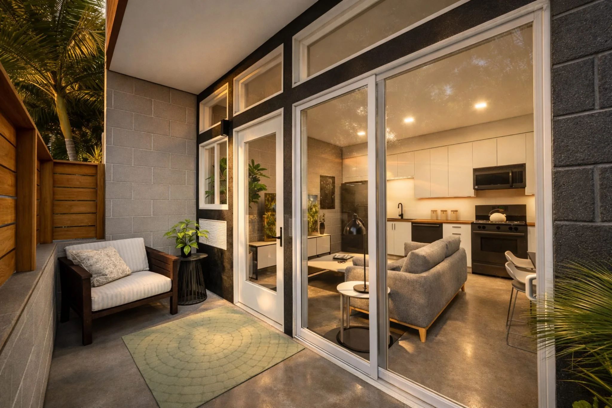 Floor plan of a small apartment with a bedroom, bathroom, kitchen, and balcony with two chairs and a small table.