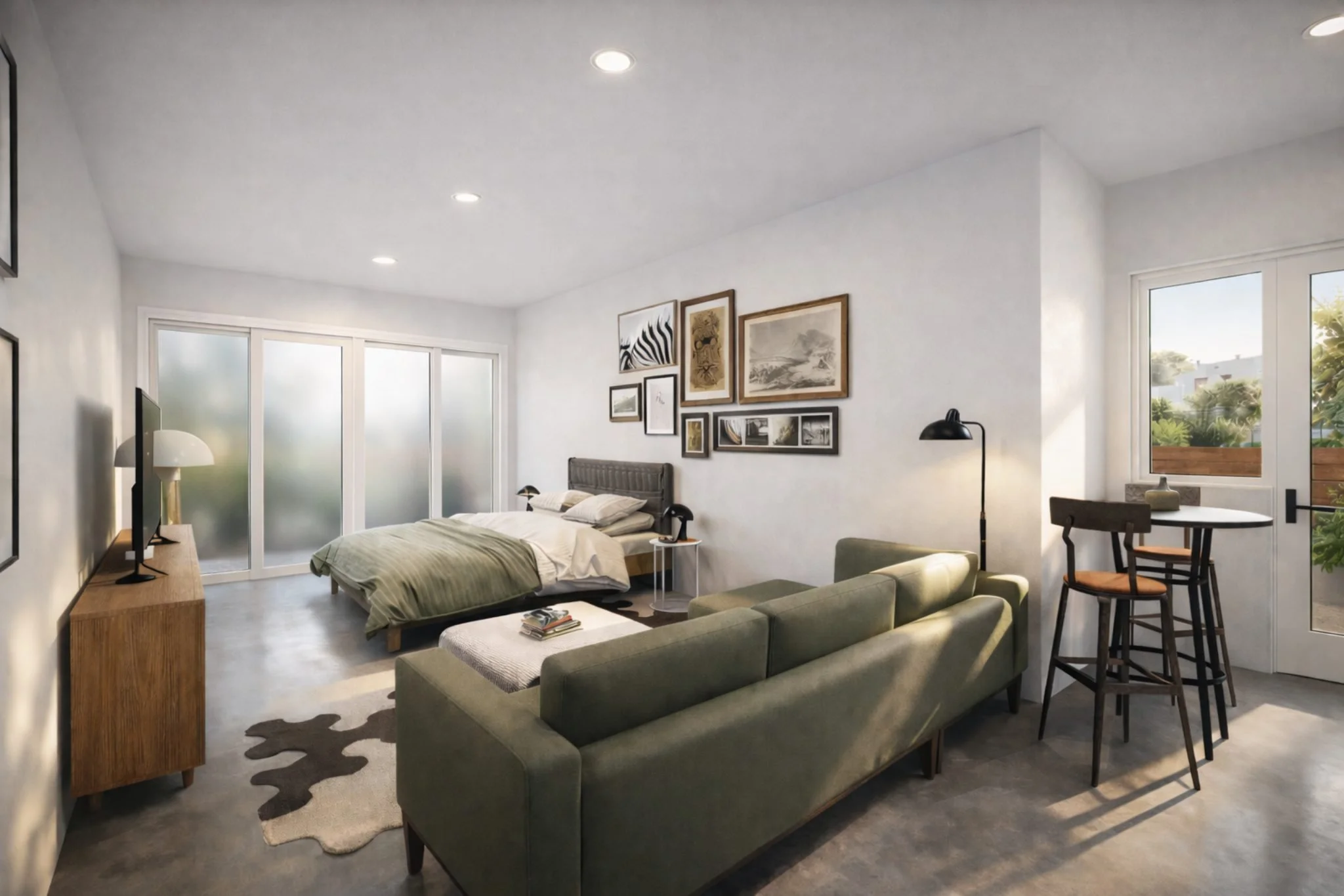 Living room with a beige sofa, a round wooden coffee table with drinks, a brown and white rug, a flat-screen TV on a wooden stand, a small side table near the door with decorative items, and a large leafy plant in the corner.