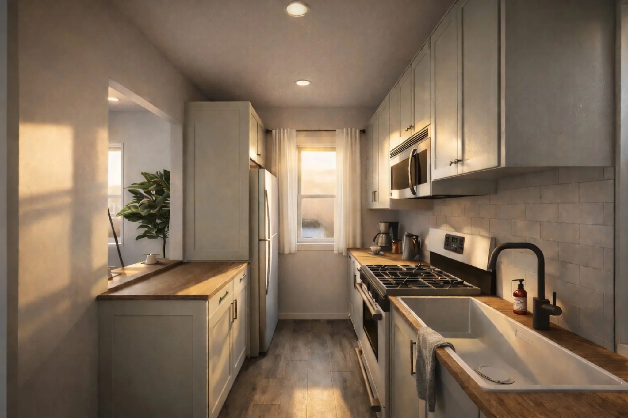 Living room with a beige sofa, a round wooden coffee table with drinks, a brown and white rug, a flat-screen TV on a wooden stand, a small side table near the door with decorative items, and a large leafy plant in the corner.