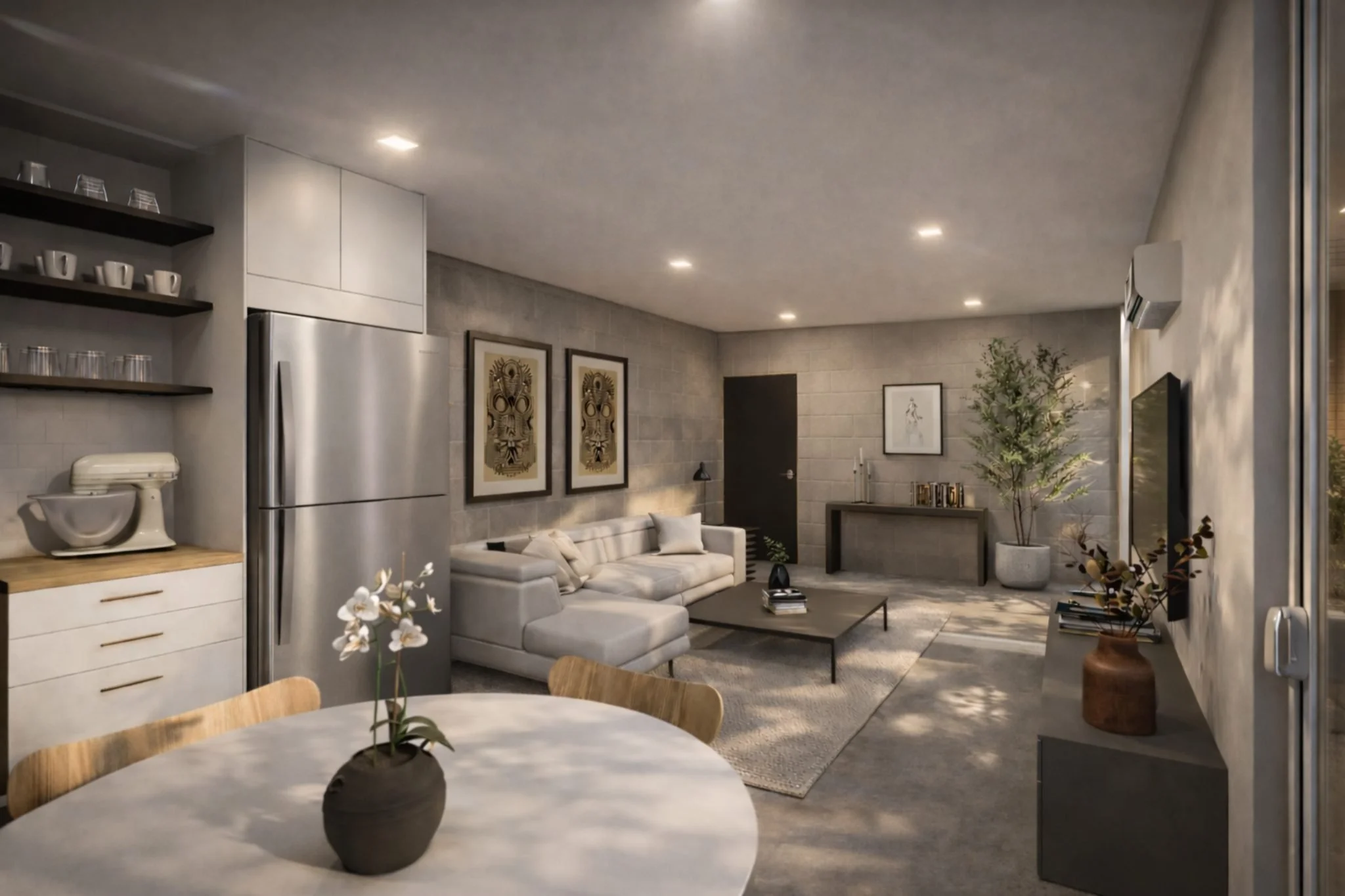 Small balcony with two wire chairs, a small round table with a potted plant, and a wooden privacy screen, overlooking a modern kitchen and living area through glass sliding doors.