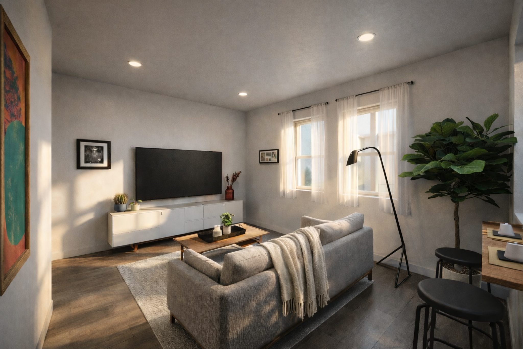 Floor plan of a small apartment with a living area, kitchen, bathroom, and bedroom with a balcony.