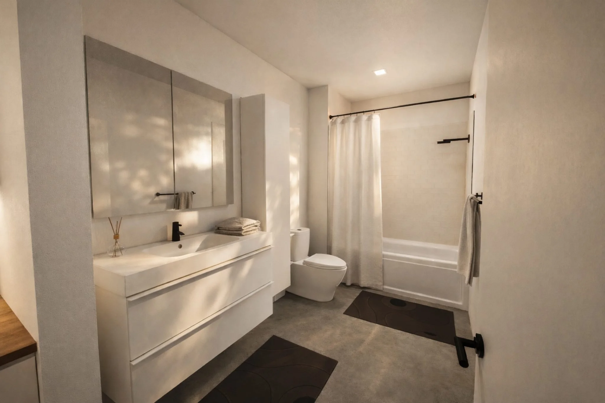 Floor plan of a small apartment with a bedroom, kitchen, bathroom, and balcony.