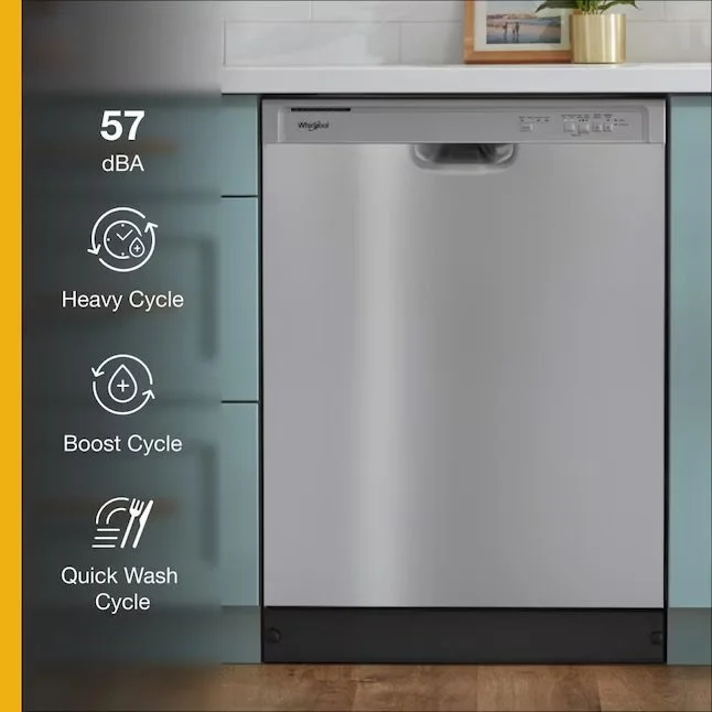 The image shows a Whirlpool dishwasher in a kitchen with a white countertop and teal cabinets. On the left side, there are icons representing different wash cycles: Heavy Cycle, Boost Cycle, and Quick Wash Cycle. The display indicates 57 dBA noise level.