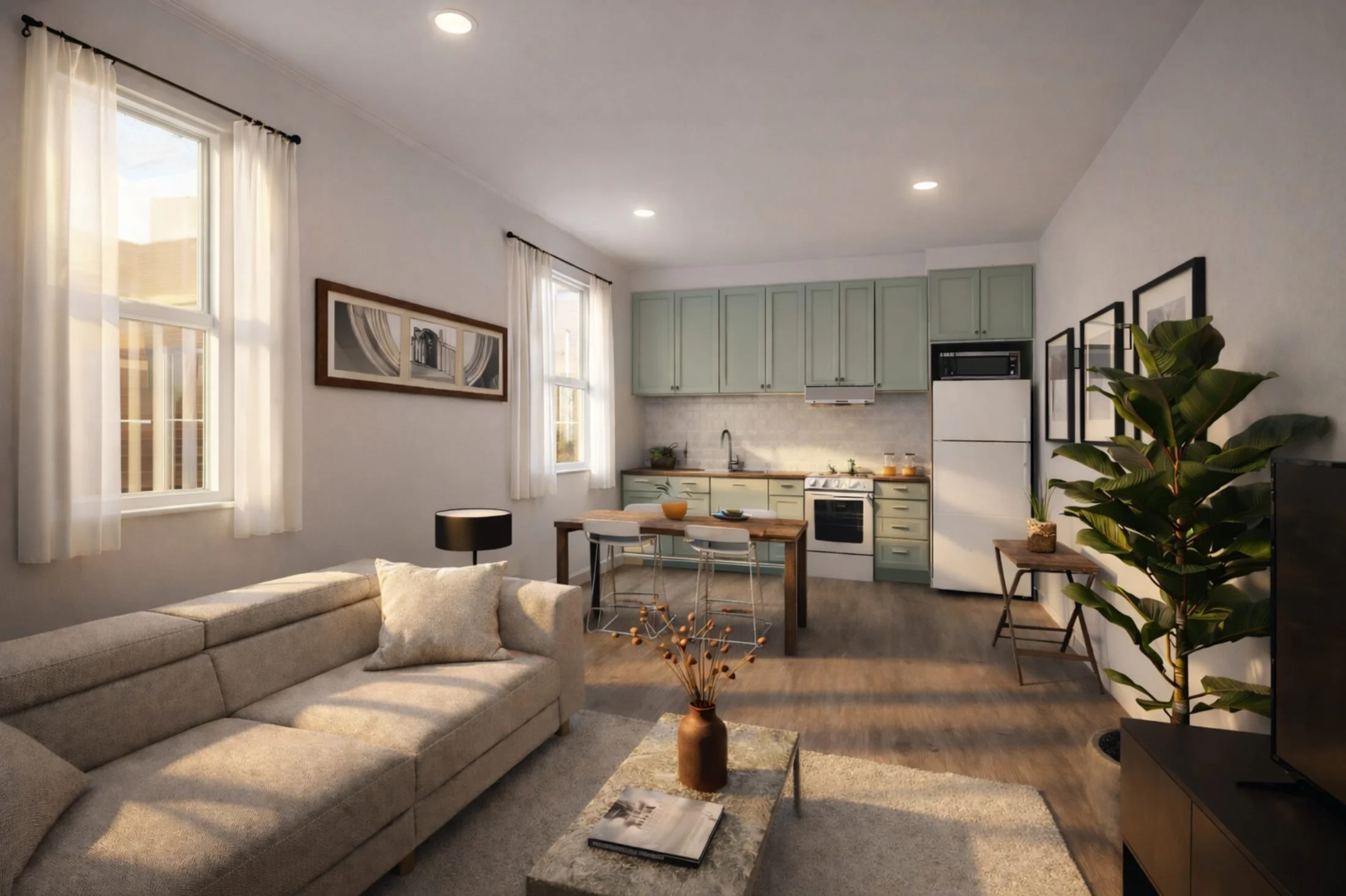 Floor plan of a small apartment with a living area, kitchen, bathroom, and bedroom with a balcony.