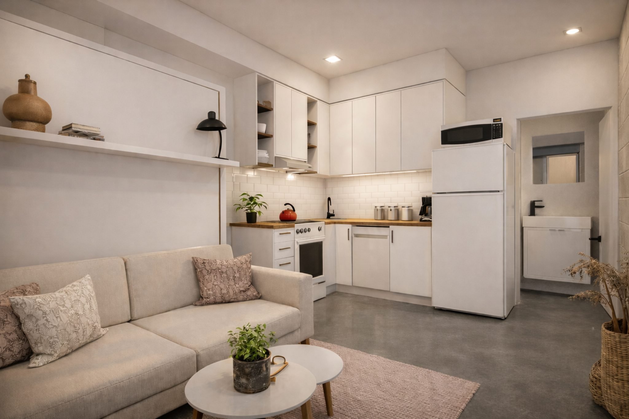 Floor plan of a small apartment with a bedroom, bathroom, kitchen, and balcony with two chairs and a small table.