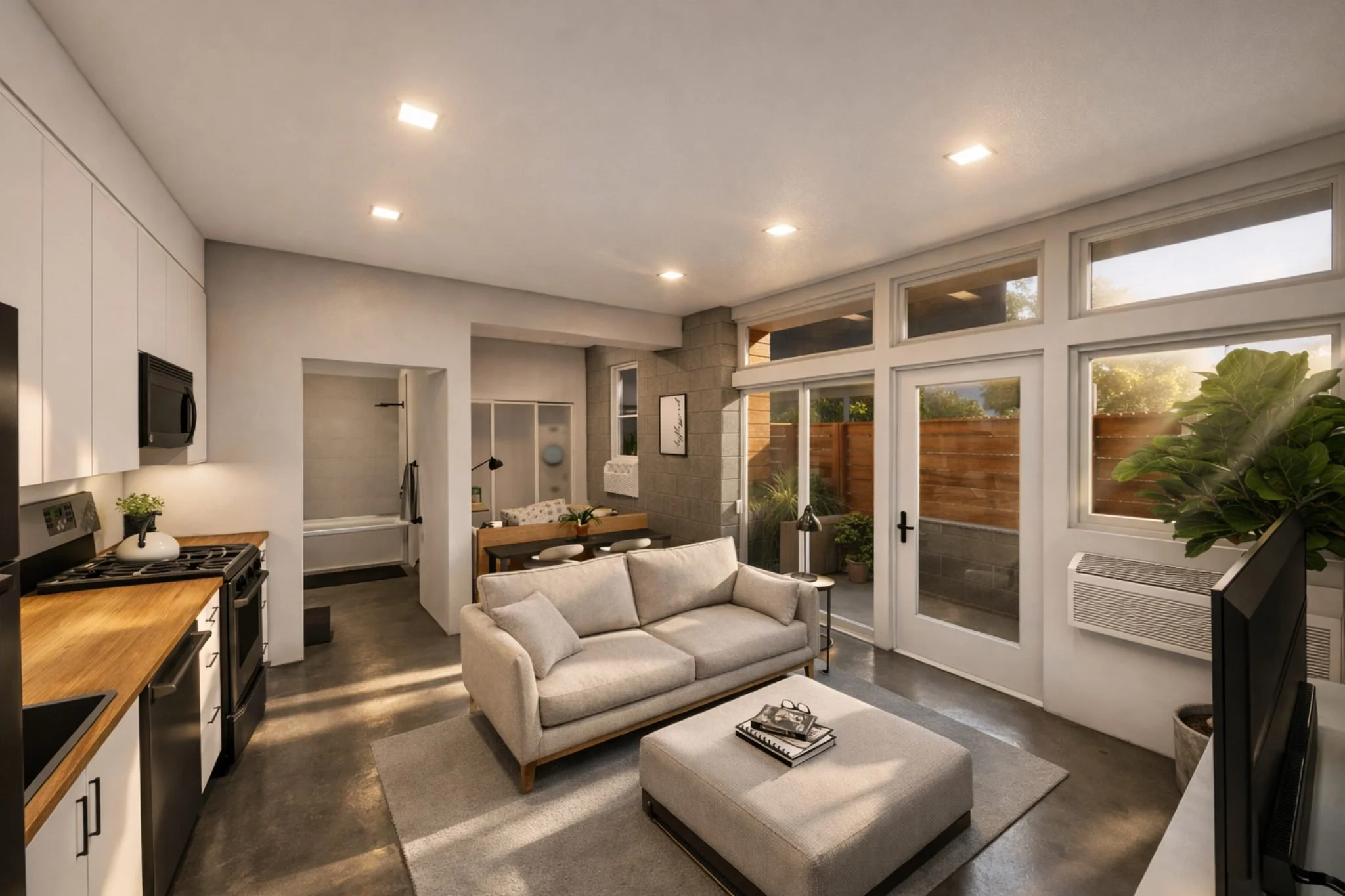 Small apartment bedroom with a bed, small kitchen area, and balcony with wooden railing.