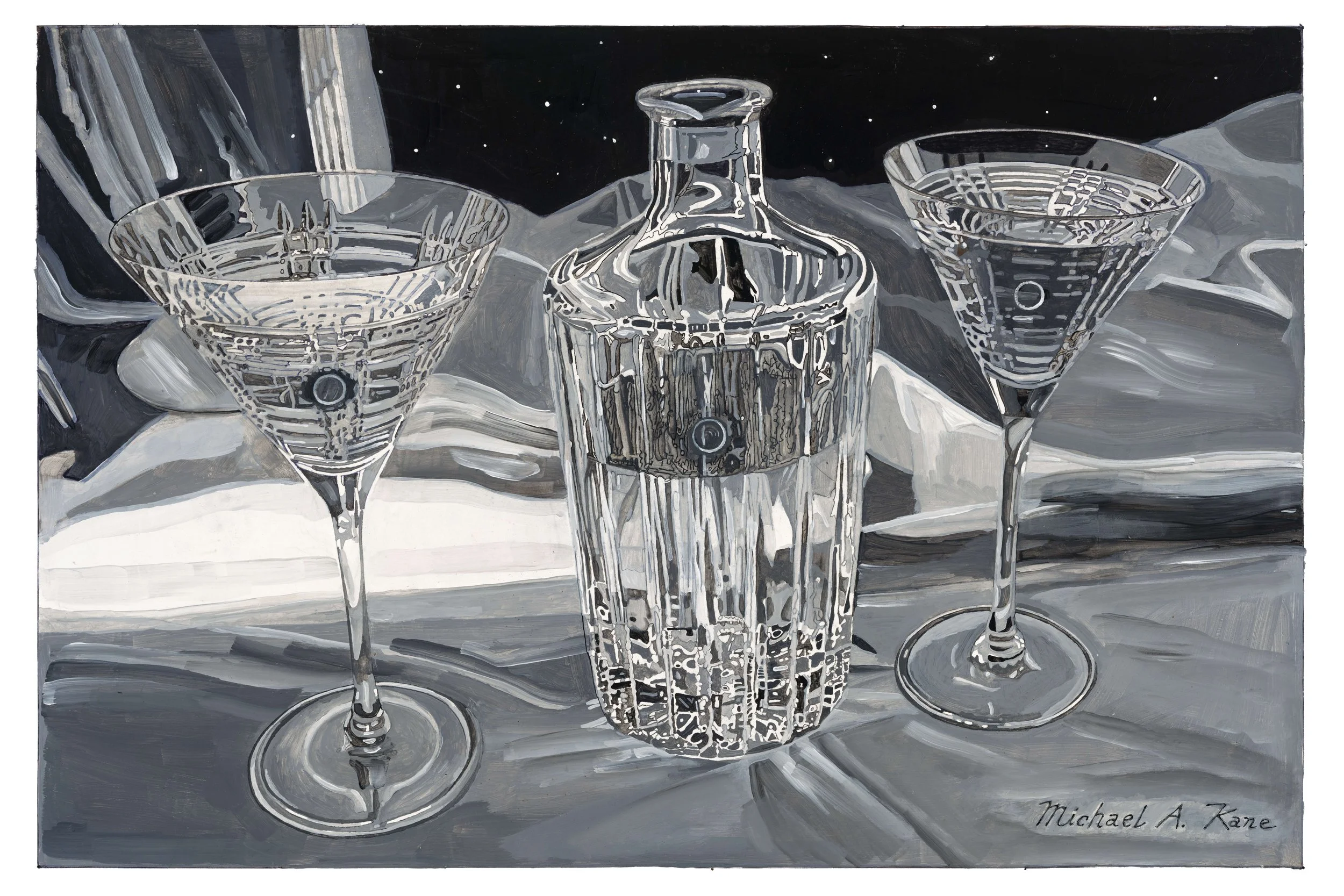 monochromatic crystal decanter with two martini glasses