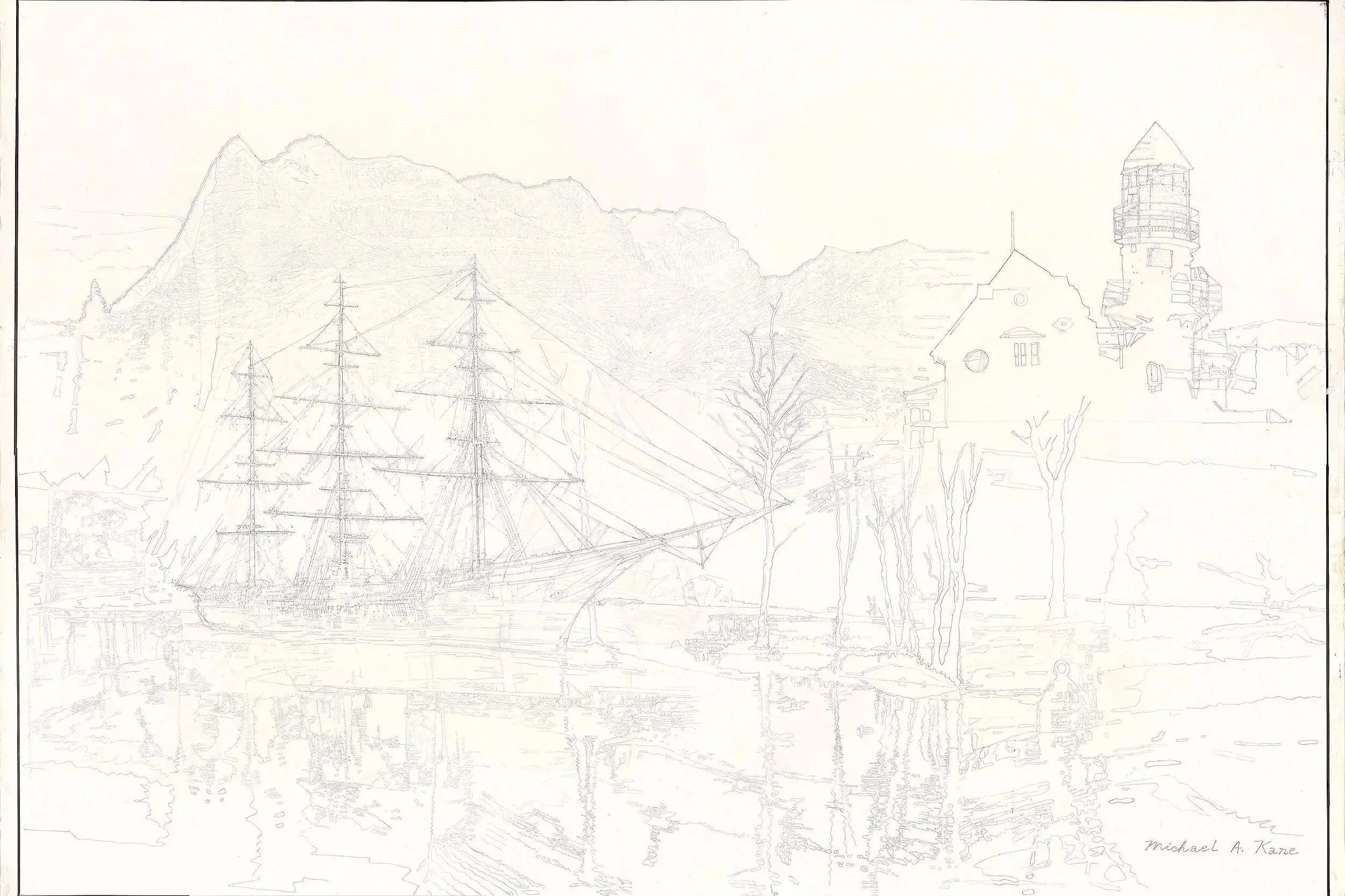 Tall ship and lighthouse pencil drawing