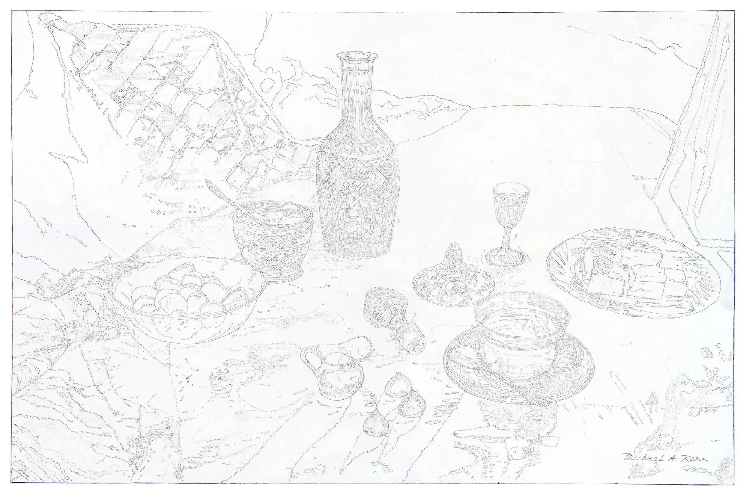 Decanter and teacup pencil drawing
