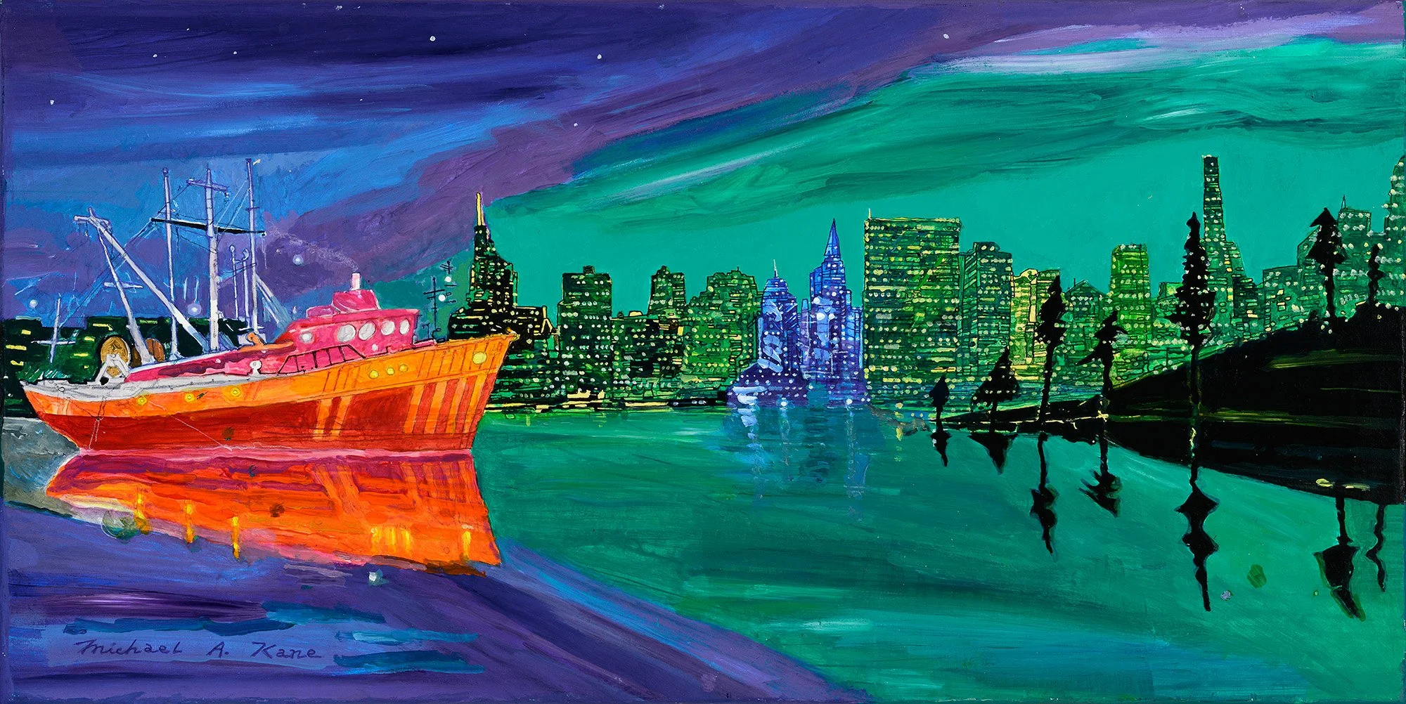 A colorful painting of a city skyline at night with skyscrapers, a boat docked at the water's edge, and trees along the shoreline. The sky shows a gradient of purple and green hues, with stars visible.