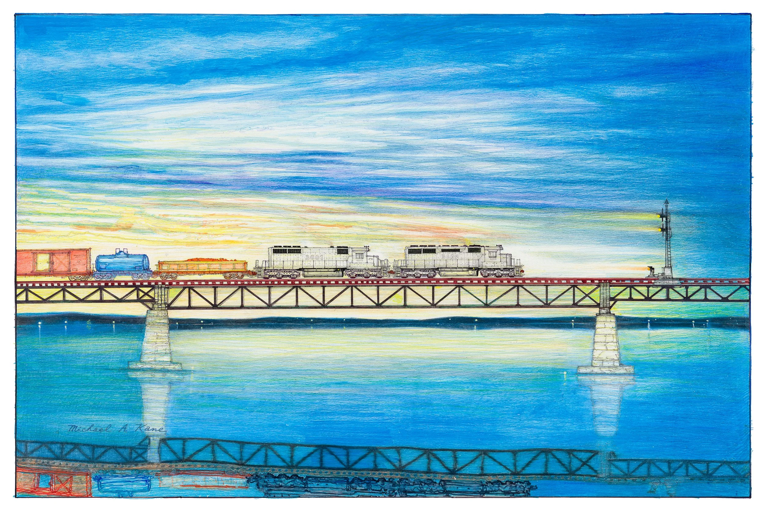 Colored pencil drawing of a train crossing a bridge over a body of water at sunrise or sunset, with a signal tower at the right end of the bridge.