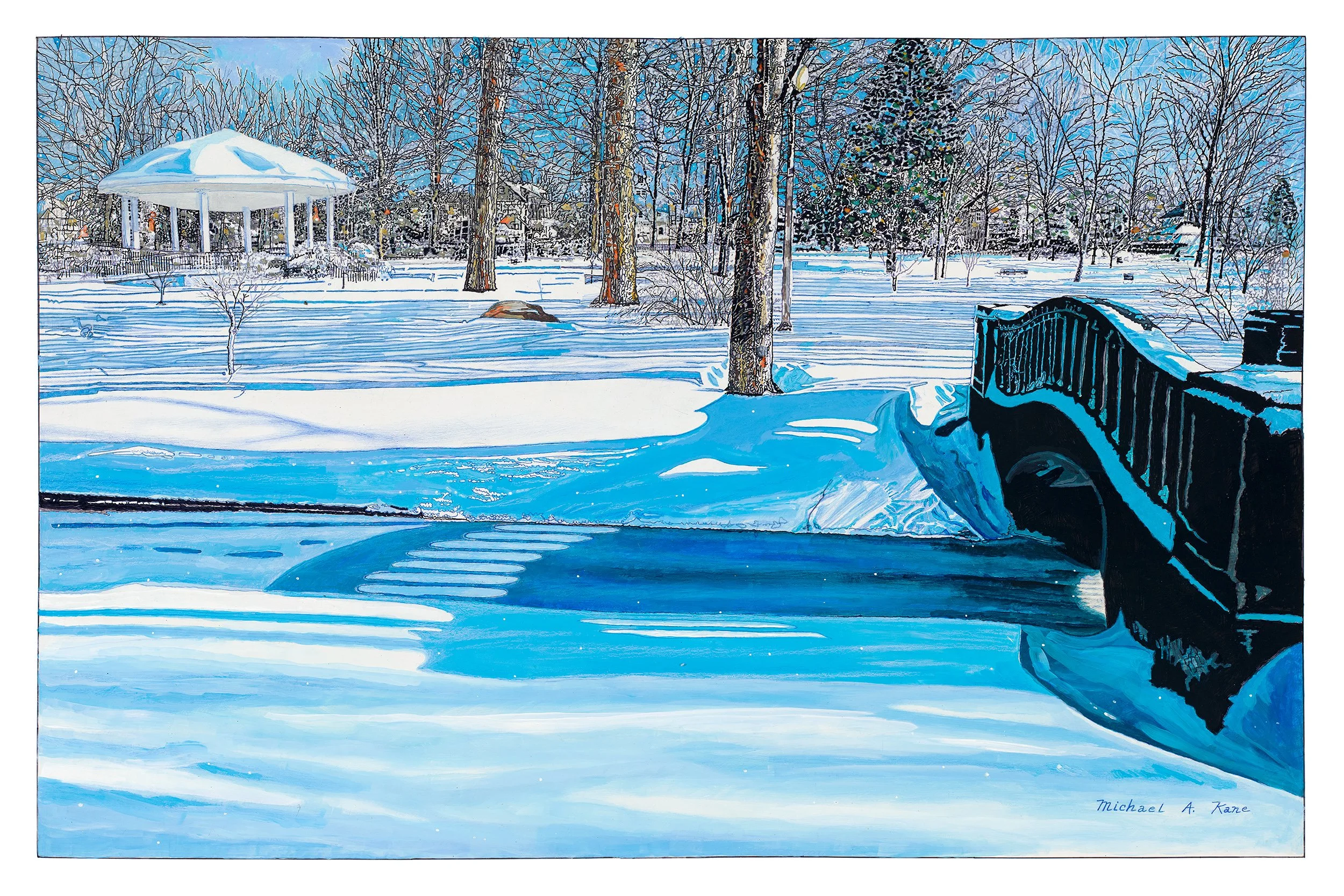 A snow-covered park scene with a gazebo, trees, and a bridge in the foreground, and houses in the background, all under a blue sky.