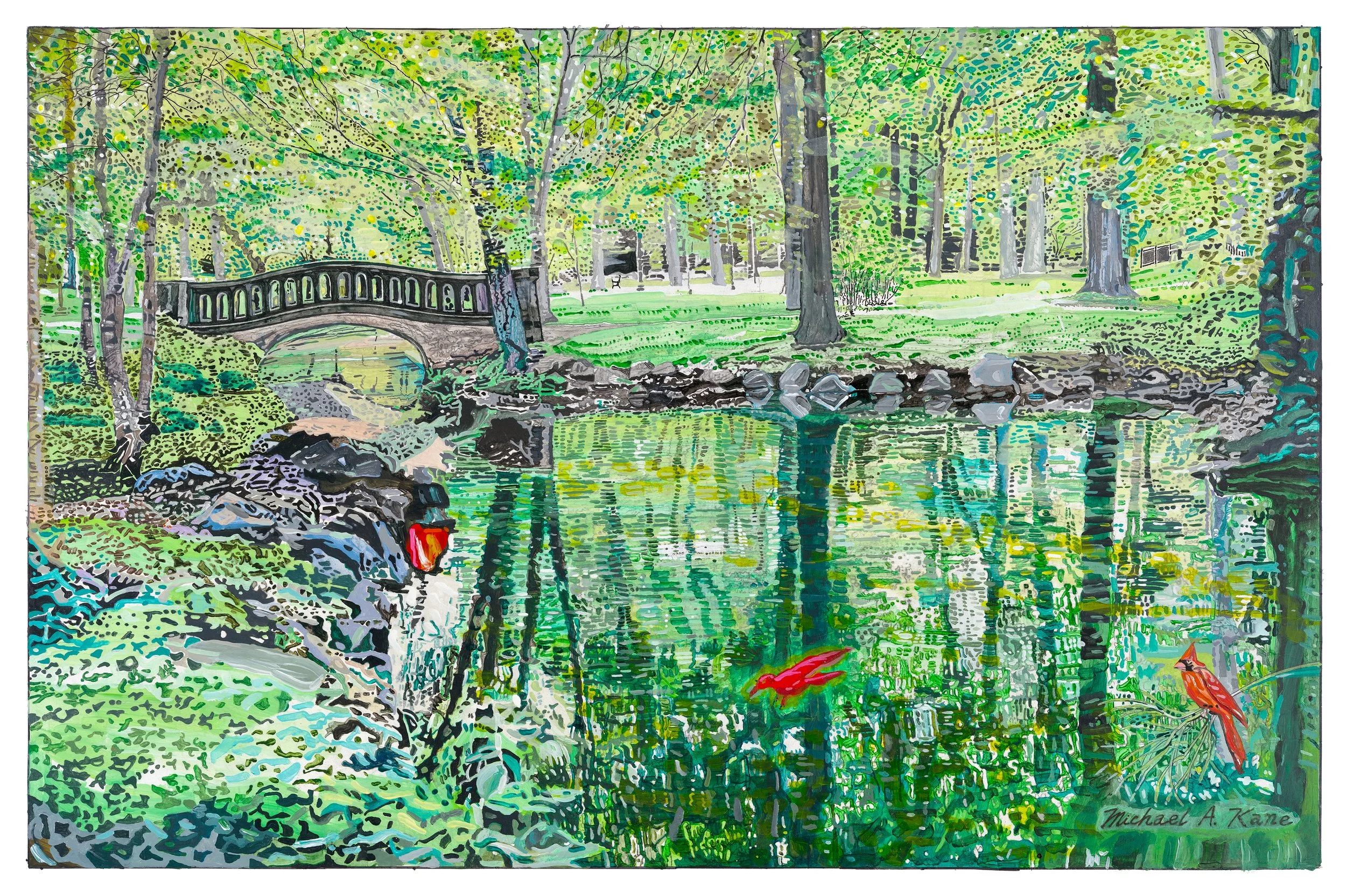 A peaceful park scene with a small footbridge over a creek, trees, rocks, and two colorful cardinals near the water. 