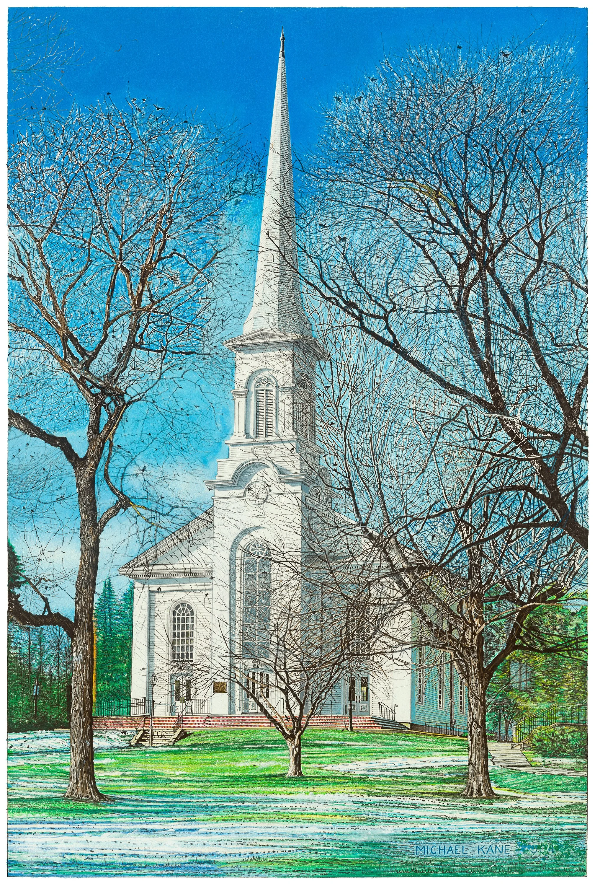 Drawing of a white church with a tall steeple surrounded by leafless trees and a grassy lawn, under a blue sky.