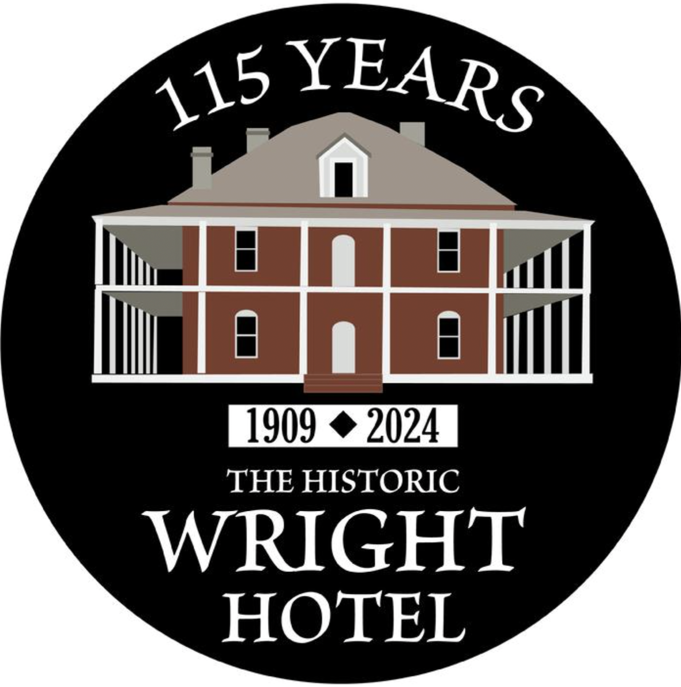 Celebration of the Wright Hotel's 115-year history from 1909 to 2024, featuring an illustration of the historic brick hotel building with porch balconies on a black background.