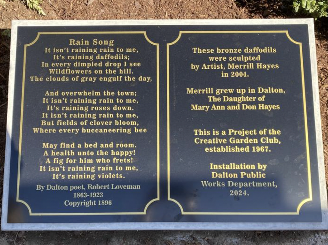 A commemorative plaque with a poem titled 'Rain Song' on the left side and a description of a bronze daffodil sculpture on the right side, installed by the Dalton Public Works Department in 2024, created by artist Merrill Hayes in 2004, with background of soil and some green plants.