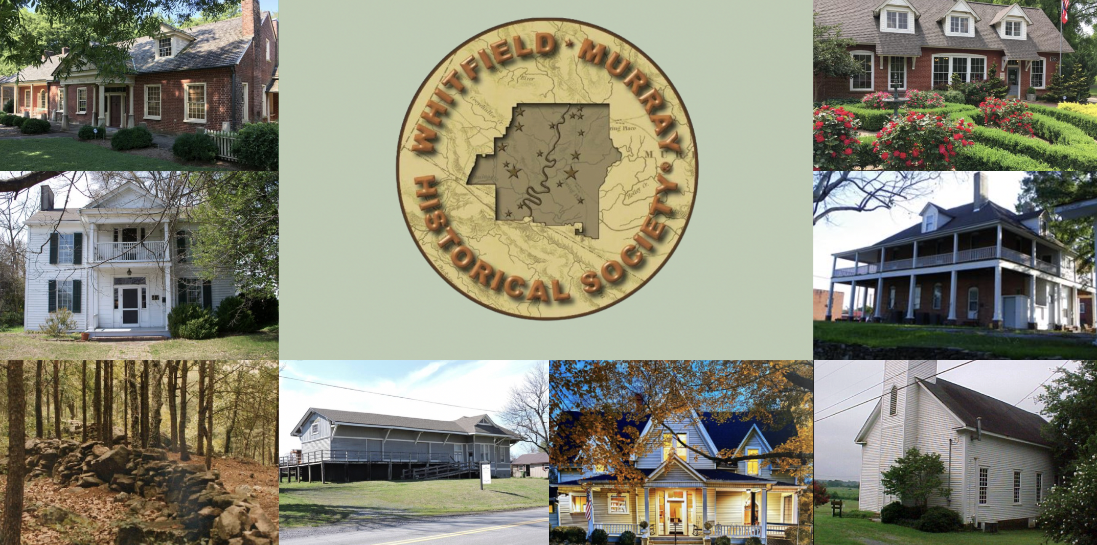 Collage of historic houses and a regional logo for the Whitfield Murray Historical Society, featuring a map outline and stars, in a circular design.