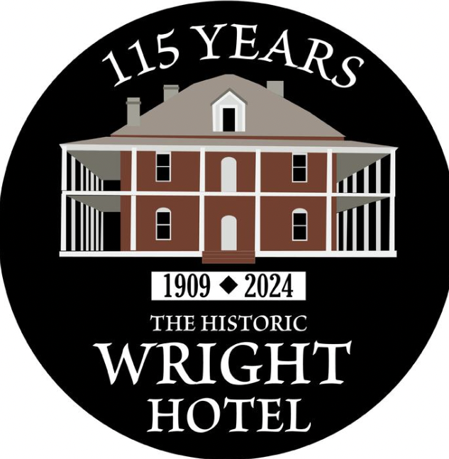Logo commemorating 115 years of Wright Hotel, from 1909 to 2024, featuring an illustration of the historic hotel building with a black background and white text.