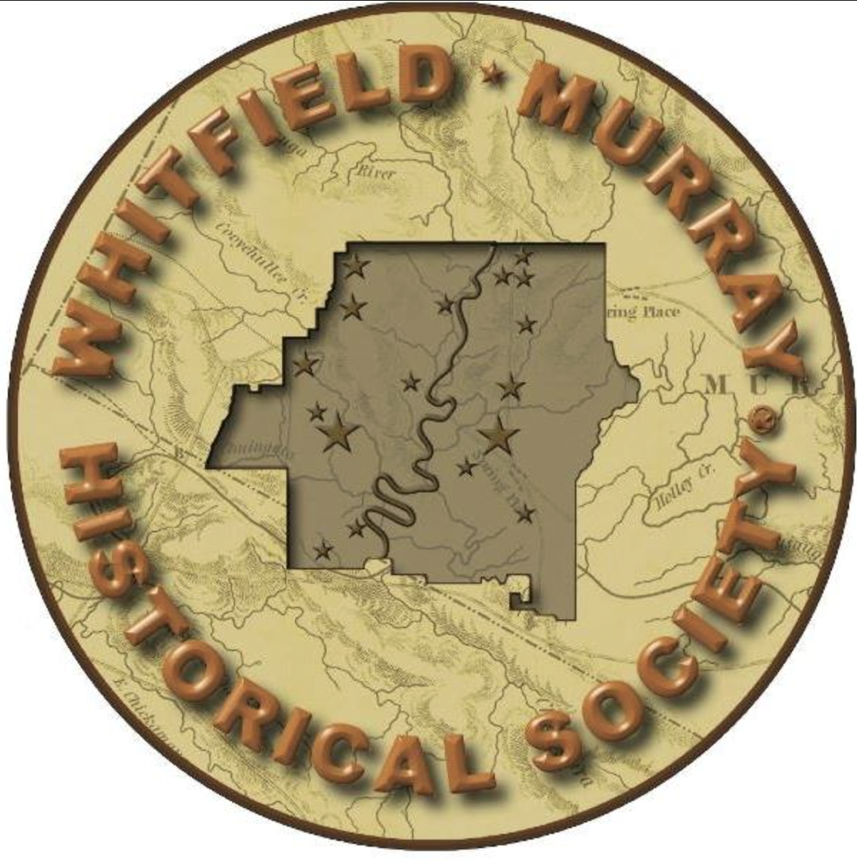 A coin with a map of Missouri at the center and an outline of the state filled with stars and rivers, surrounded by the text 'Missouri State Historical Society' in bold 3D letters.
