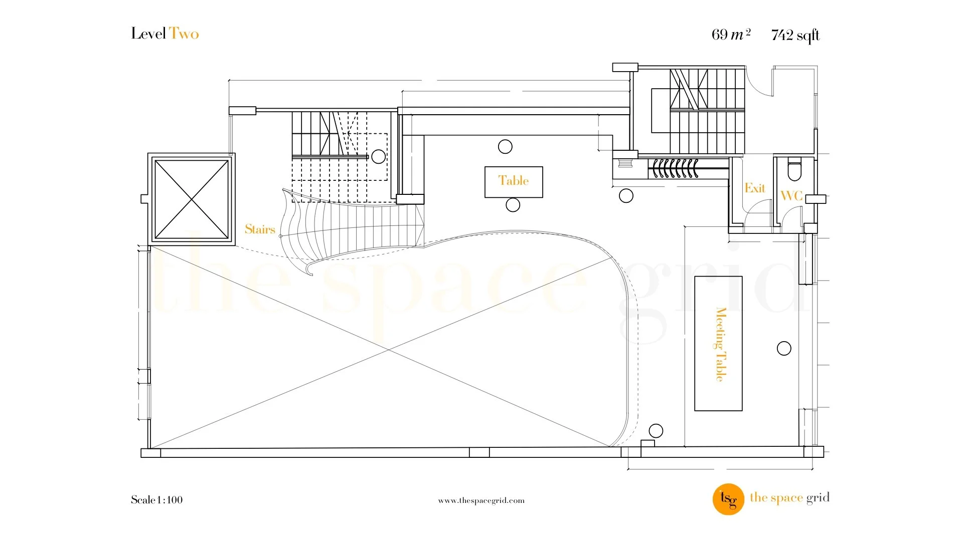 Floor plan of the second level of a building, featuring stairs, a table, meeting table, exit, WC, and various rooms with architectural details.