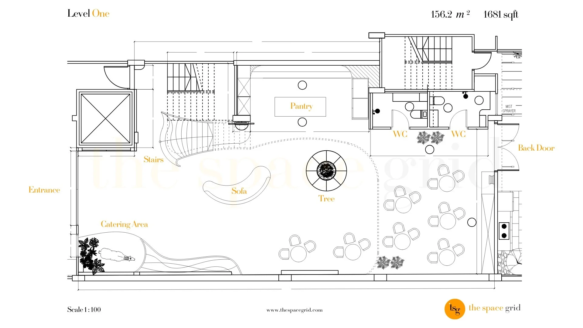 Architectural floor plan of a commercial space with labeled areas including entrance, catering area, stairs, sofa, tree, pantry, two WC bathrooms, back door, and outside tables with chairs.