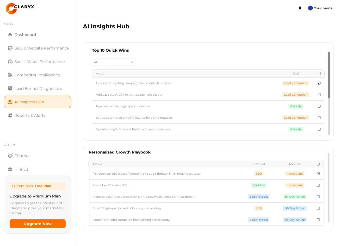 Screenshot of the Claryx AI Insights Hub webpage featuring sections for Top 10 Quick Wins and a Personalized Growth Playbook, with options to upgrade plans on the left side panel.
