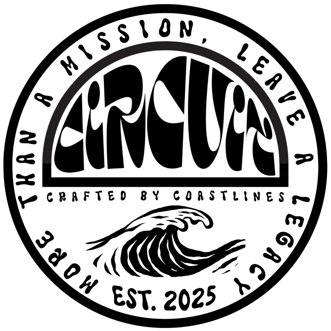 A circular logo with the words 'Archemy' prominently in stylized font across the center, and the phrases 'A Mission, Leave a Trace, Crafted by Coastlines,' around the edge. It features a wave illustration beneath the word 'Archemy' and indicates establishment year 2025.