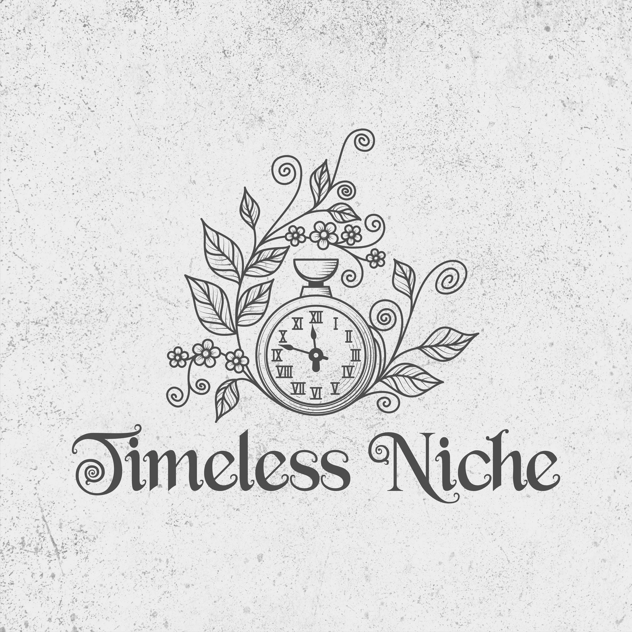 A vintage stopwatch surrounded by floral and leafy illustrations with the words 'Timeless Niche' written below.