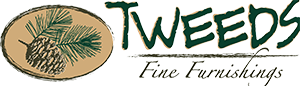 Logo for Tweeds Fine Furnishings featuring a pine cone and pine branch with stylized text.