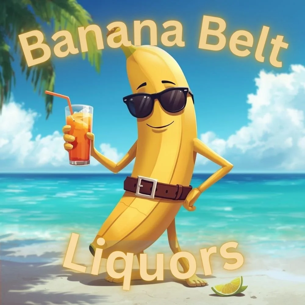 Animated banana character wearing sunglasses and a belt, holding a drink with an straw, standing on a beach with palm trees and the ocean in the background, with the text 'Banana Belt Liquors' above and below.